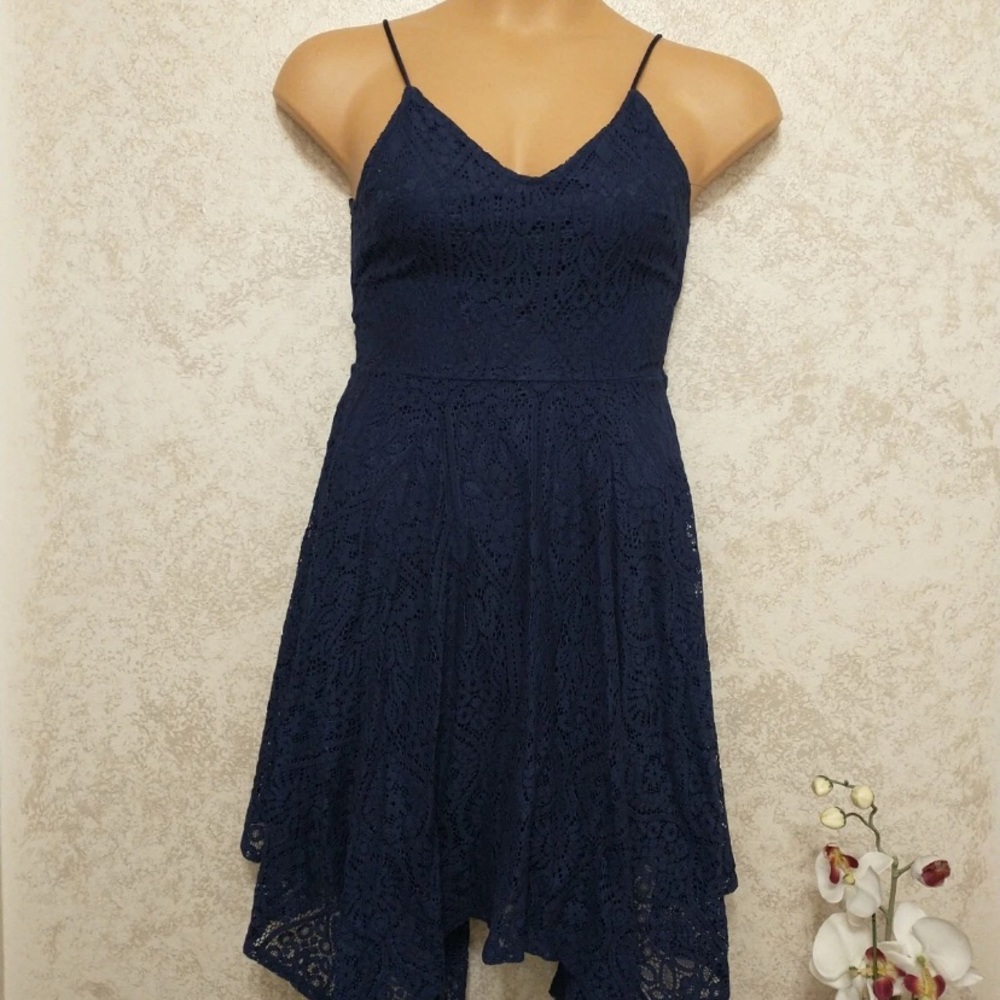 Express Navy Lace Asymmetrical Dress